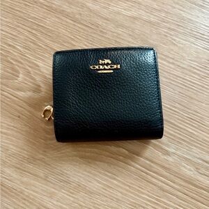 Coach Black Pebbled Leather Zip Wallet with Gold Logo